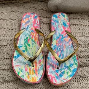 Lilly Pulitzer gold strap flip flops